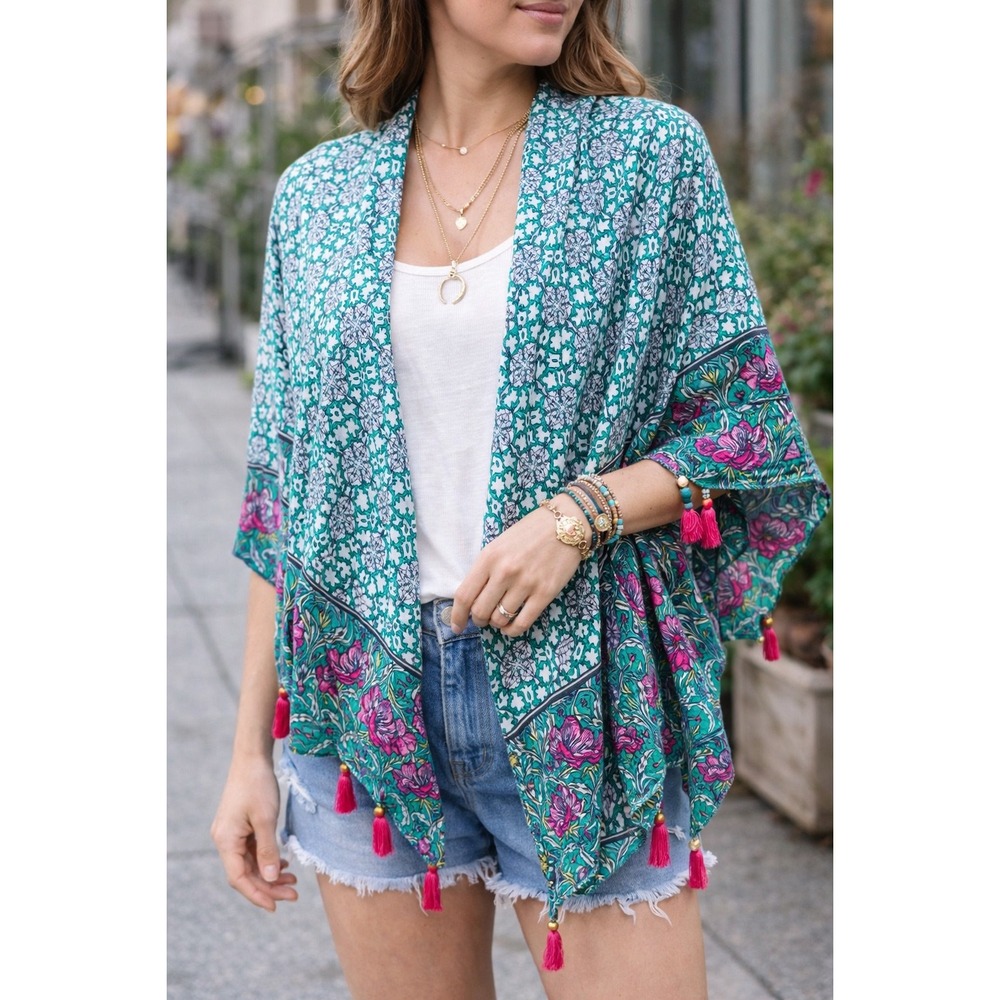 Moss Rose Green Floral Geometric Tassel Kimono‎ Wrap Scarf One Size O/S
